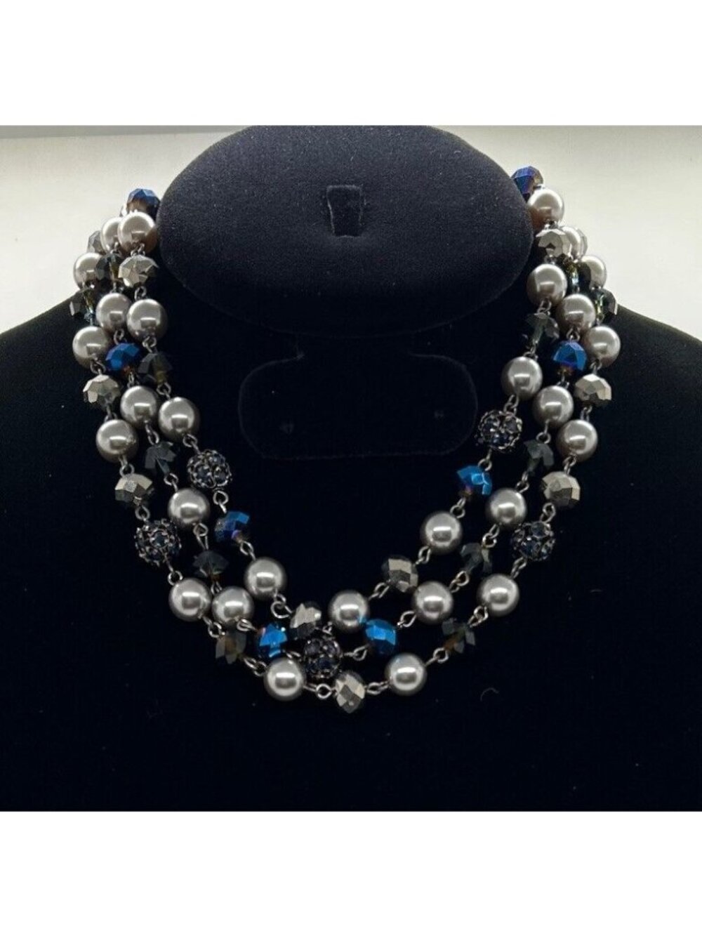 Monet 3 Strand Necklace Faux Pearl Blue Faceted Beads Gunmetal Vintage Style